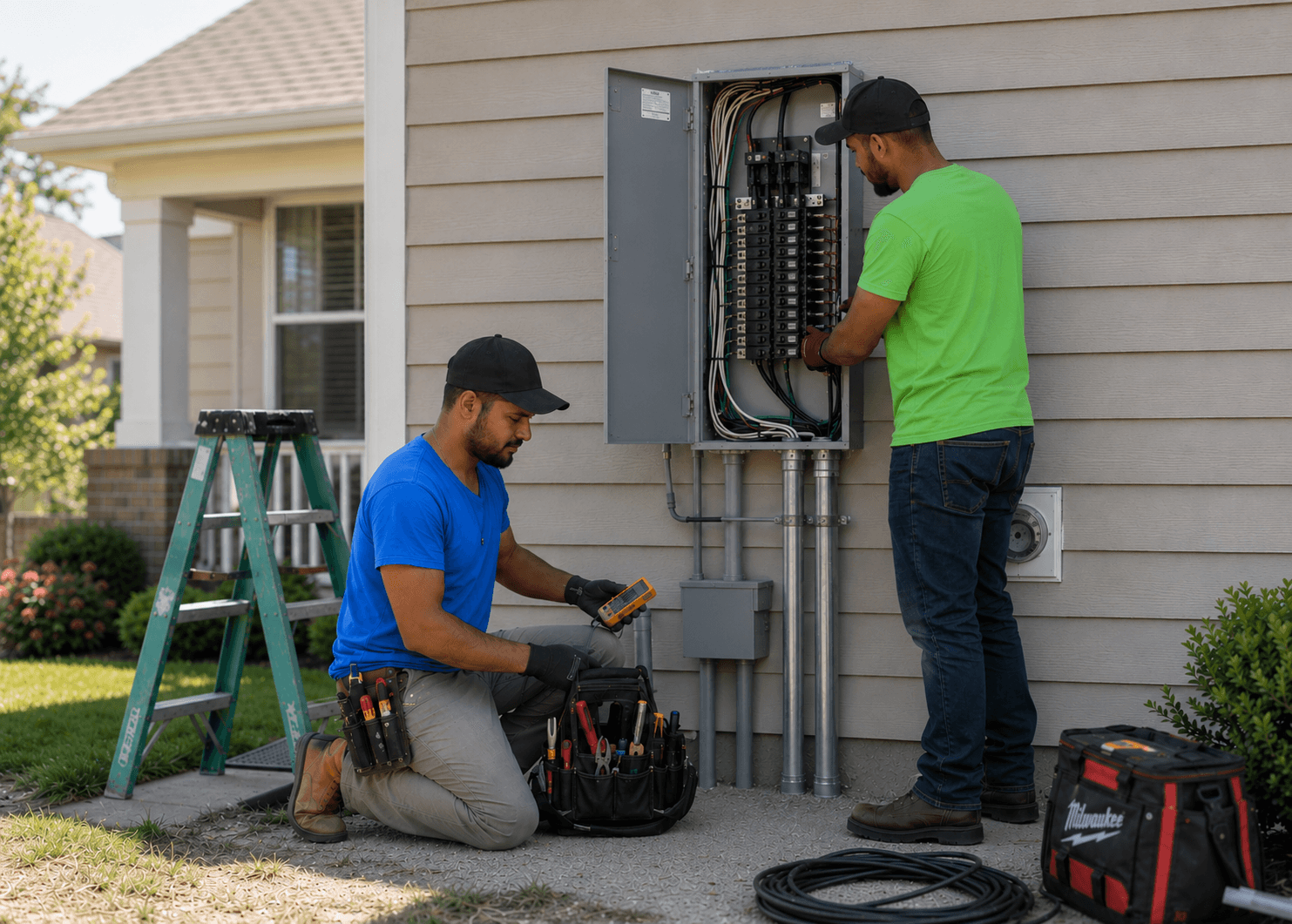 TrueBright electricians servicing an outdoor electrical panel
